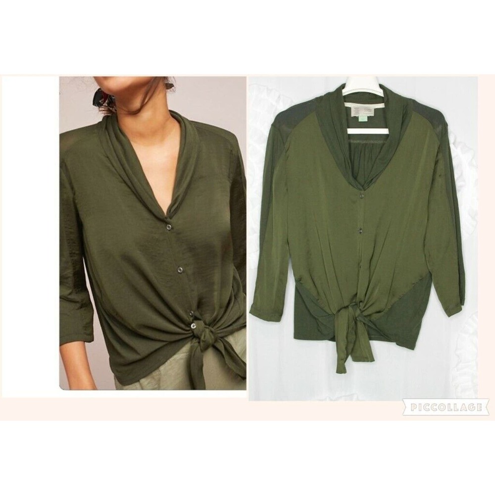 Anthropologie Saturday Sunday Olivia Size Small Green Button Tie Front Blouse